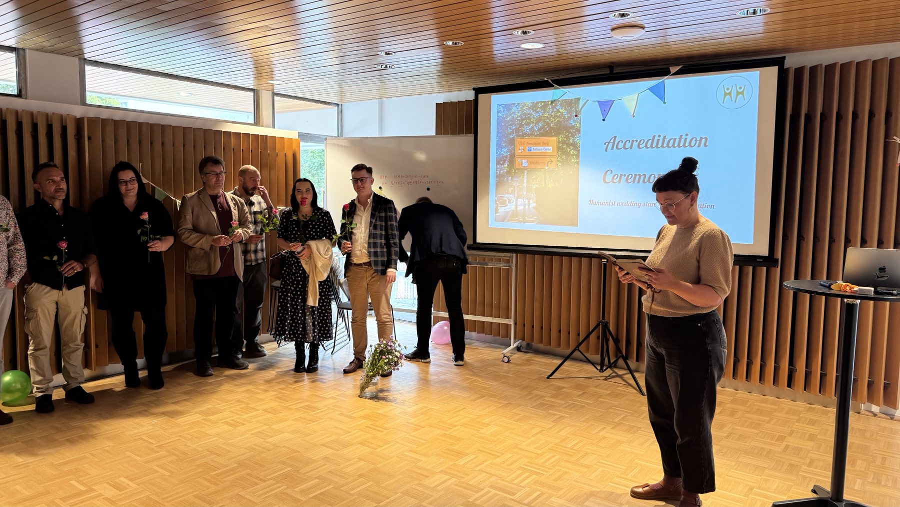 The accreditation ceremony for the wedding standard on the first afternoon, with Lone Ree Milkær, coordinator of the EHSN, standing on the right.